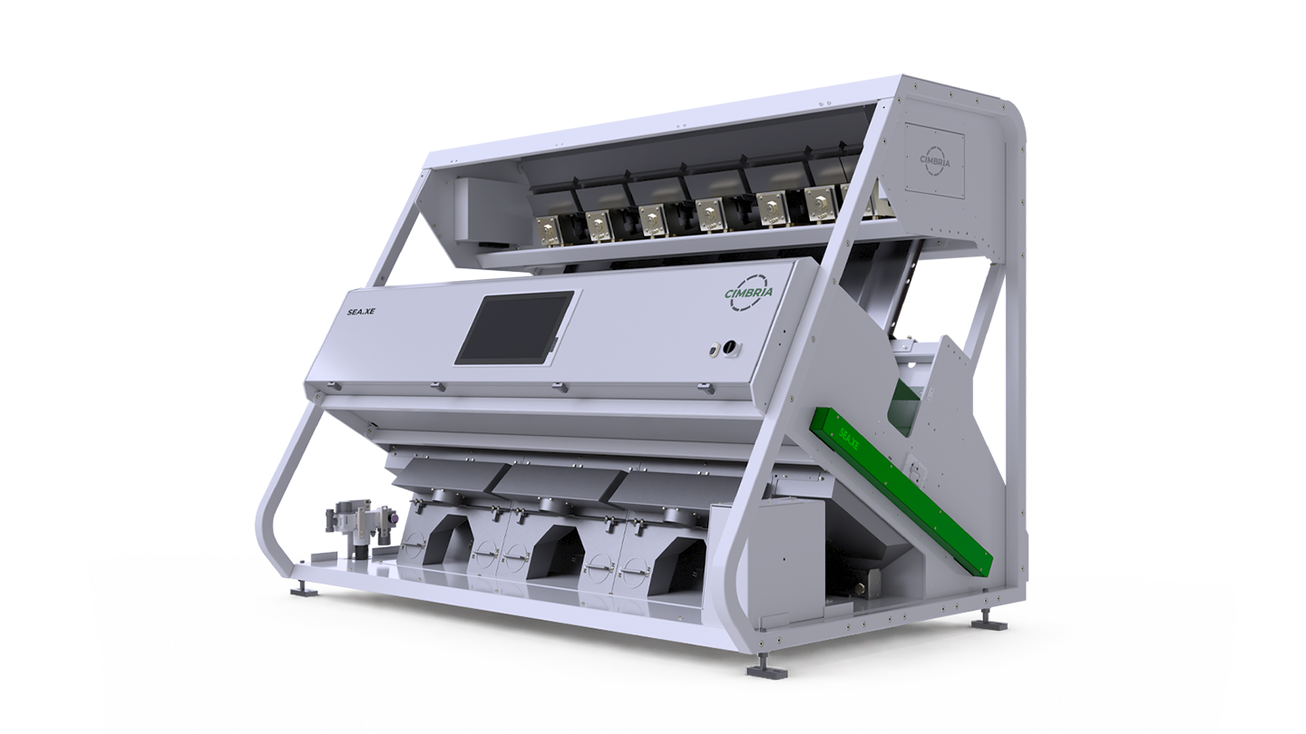 The SEA.XE optical sorter seen from three quarters, with the top hood open